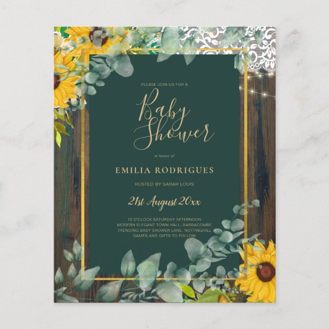 BUDGETEN Eucalyptus Solblommor BABY SHOWER Rustic  Flygblad (Framsidan)