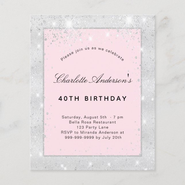 Budgeten Födelsedagsfest silver  rosa glitter (Framsida)