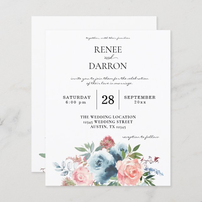 Budgeten för Blommigten för Baby blue och  Rosa Br (Fram/baksida)