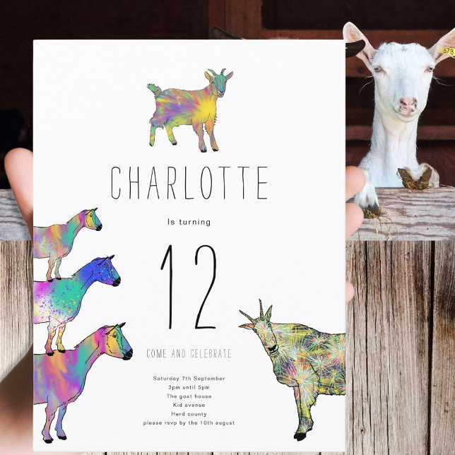 Budgeten för Födelsedagsfesten för Cute Goat Farm  Inbjudan Vykort (Cute goats colorful farm animal watercolor art 12th birthday party budget invitation postcard)