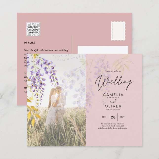 BUDGETEN FÖR FOTO WEDING INVITATION Wisteria Blomm (Fram/baksida)