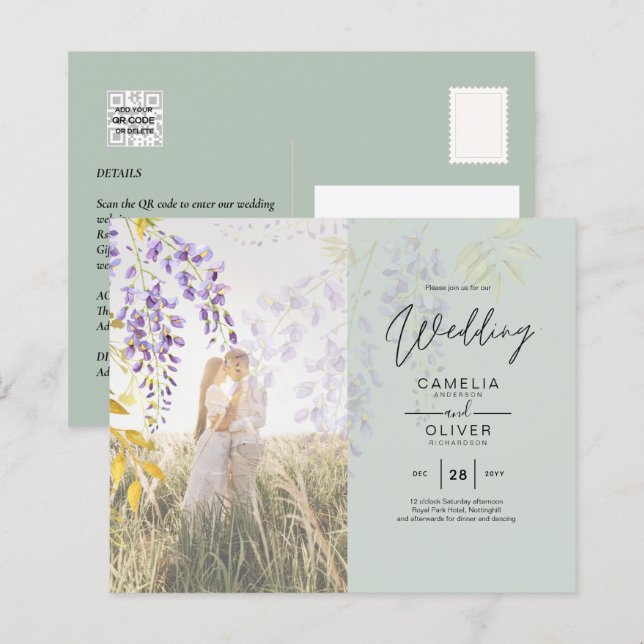BUDGETEN FÖR FOTO WEDING INVITATION Wisteria Blomm (Fram/baksida)