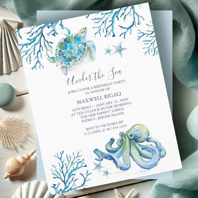 Budgeten för matsalar för matlagningsdjur för matl (Birthday invitations for kids under the sea theme watercolor art Victoria Grigaliunas DoTellABelle)