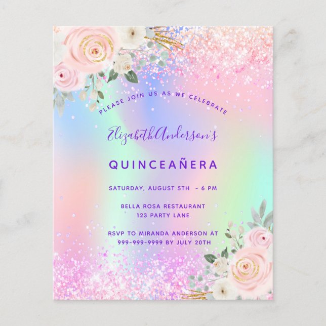 Budgeten för Quinceanera rosa lila glitter blommig Flygblad (Framsidan)
