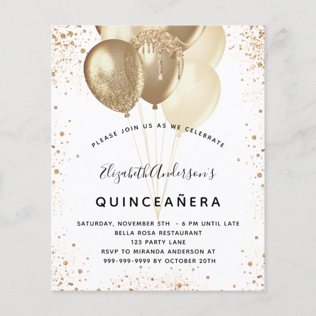 Budgeten för Quinceanera vita guld glitter-ballong Flygblad (Framsidan)