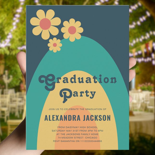 Budgeten för Retro Vintage Studentfest (Retro daisy arch graduation party budget invitation groovy 70s typography blue yellow orange green)