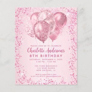 Budgeten för Rosa Glitter Ballon Barns födelsedag Flygblad