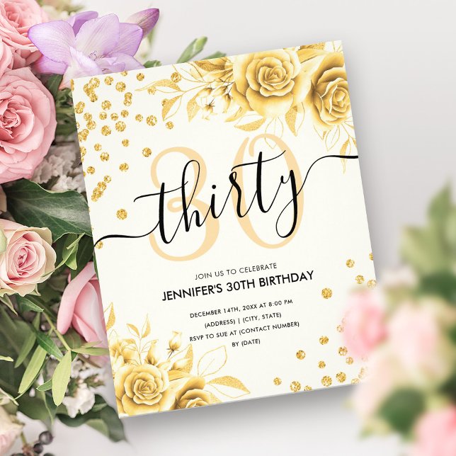 Budgeten Glam Guld Blommigt Glitter 30års födelsed Flygblad (Budget Glam Gold Floral Glitter 30th Birthday Flyer)