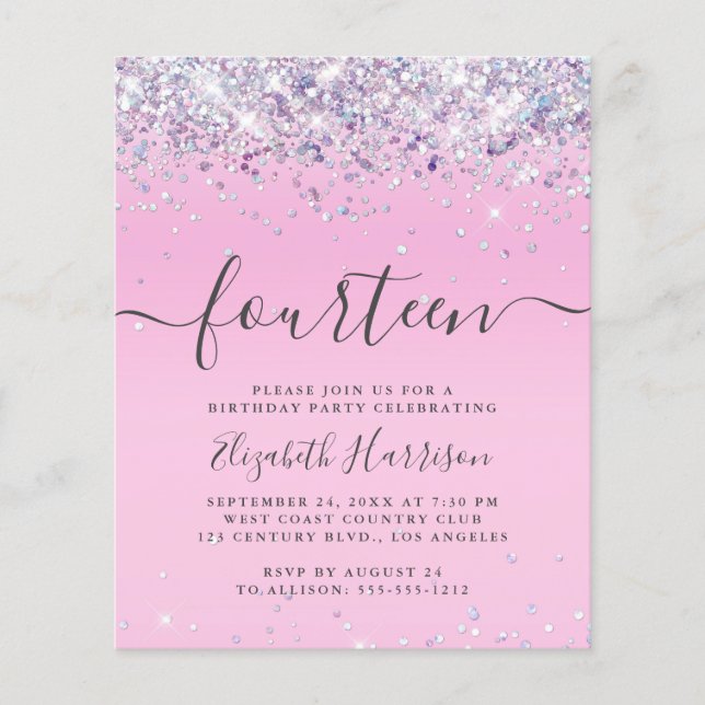 Budgeten Glitter 14:e Födelsedagsfest inbjudan (Framsida)