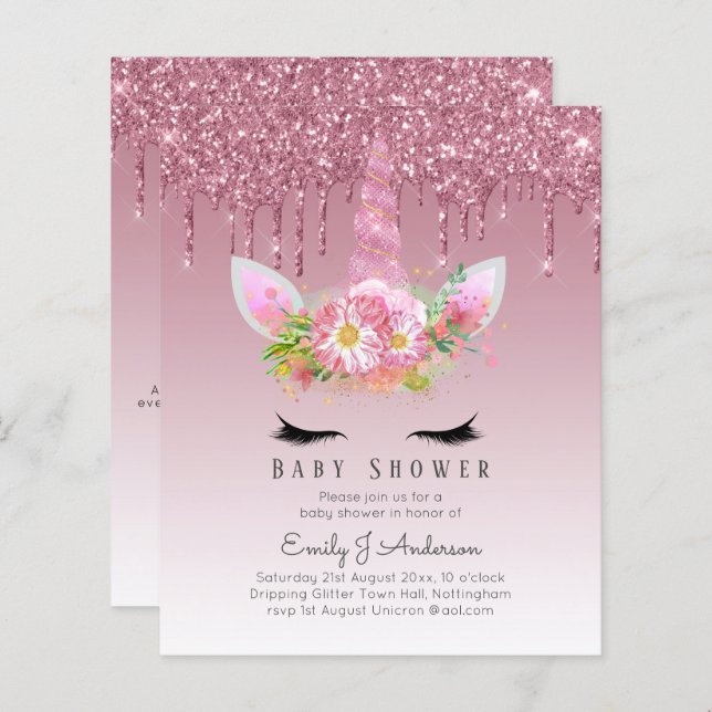 BUDGETEN Glitter Unicorn Flicka Shower-inbjudan (Fram/baksida)