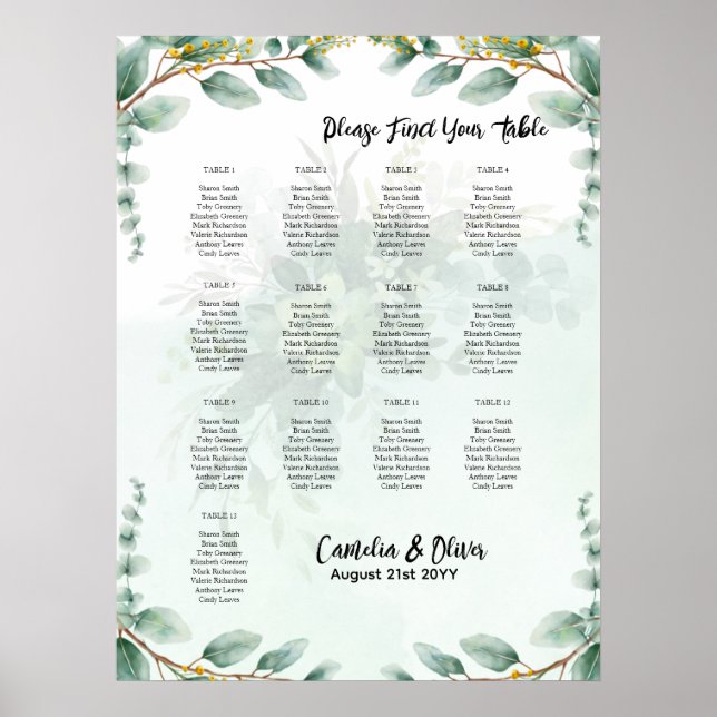 BUDGETEN Greenery Eucalyptus SEATING CHART Bröllop Poster (Framsidan)