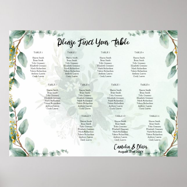 BUDGETEN Greenery Eucalyptus SEATING CHART Bröllop Poster (Framsidan)