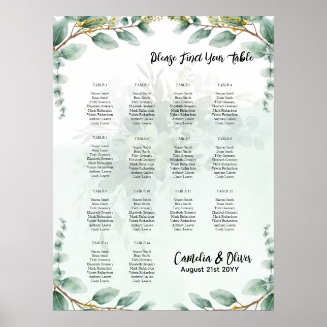 BUDGETEN Greenery Eucalyptus SEATING CHART Bröllop Poster (Framsidan)