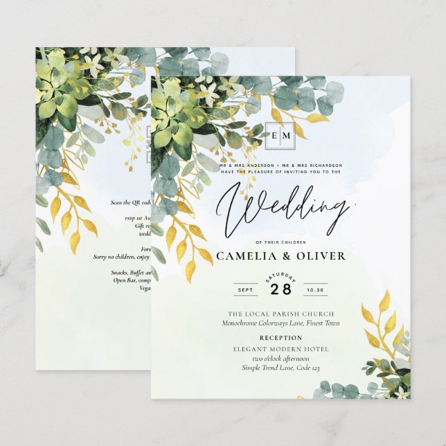 BUDGETEN Greenery Guld Eucalyptus Löv Bröllop (Fram/baksida)