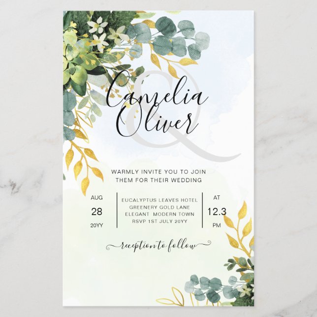 BUDGETEN Greenery Guld Eucalyptus Löv Bröllop Flygblad (Framsidan)