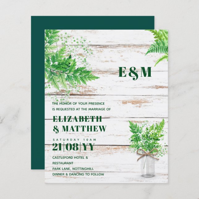 BUDGETEN Grey Ferns Monochromatic bröllopsinbjudan (Fram/baksida)