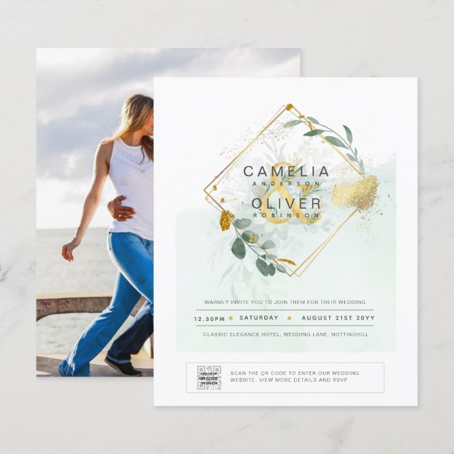 BUDGETEN Grey PHOTO-bröllopsinbjudan QR CODE (Fram/baksida)