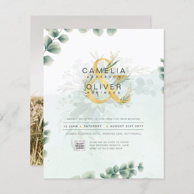 BUDGETEN Grey PHOTO-bröllopsinbjudan QR CODE (Fram/baksida)