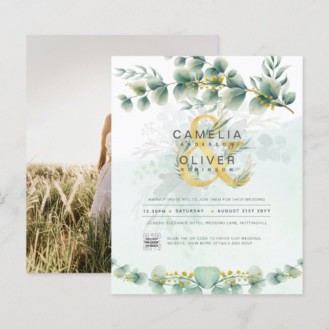 BUDGETEN Grey PHOTO-bröllopsinbjudan QR CODE (Fram/baksida)