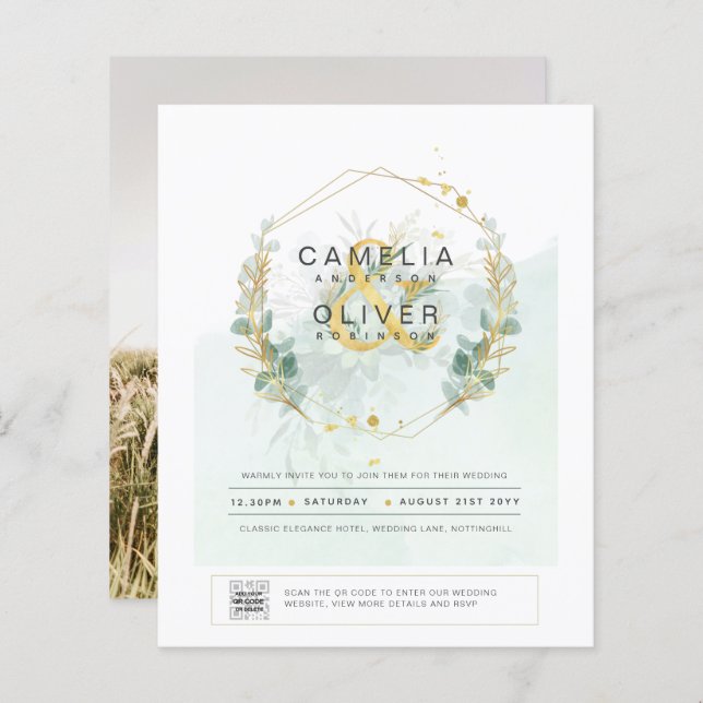 BUDGETEN Grey PHOTO-bröllopsinbjudan QR CODE (Fram/baksida)