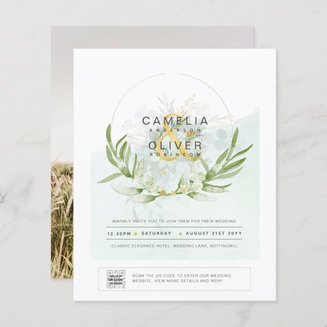 BUDGETEN Grey PHOTO-bröllopsinbjudan QR CODE F (Fram/baksida)