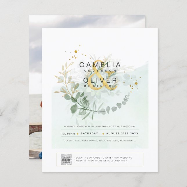 BUDGETEN Grey PHOTO-bröllopsinbjudan QR CODE F (Fram/baksida)