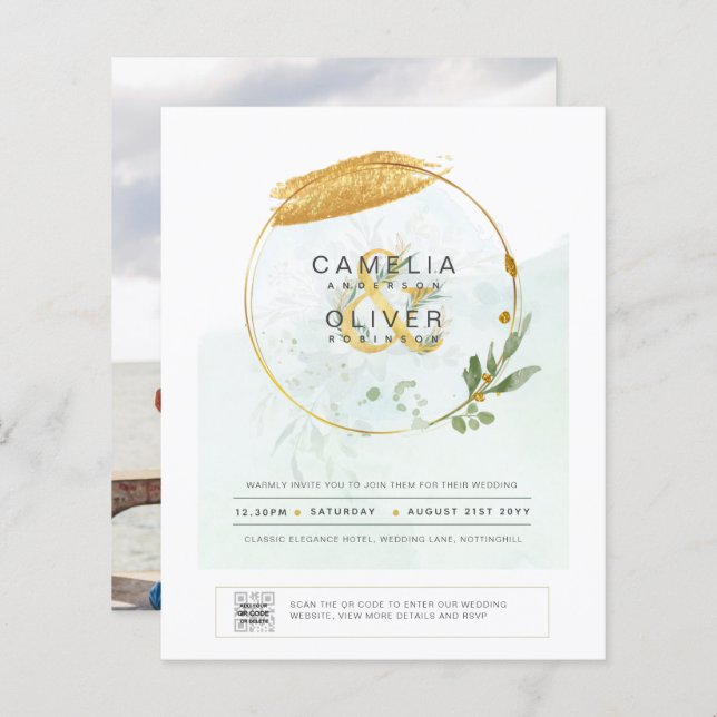 BUDGETEN Grey PHOTO-bröllopsinbjudan QR CODE F (Fram/baksida)