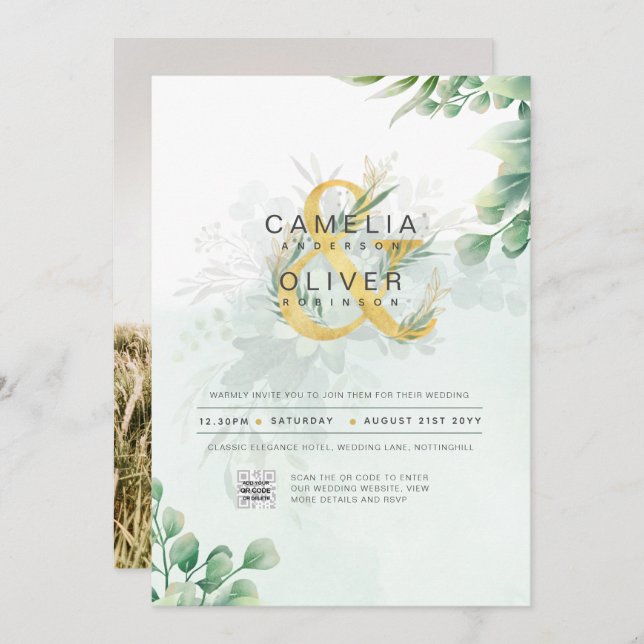 BUDGETEN Grey PHOTO-bröllopsinbjudan QR CODE Inbjudningar (Fram/baksida)