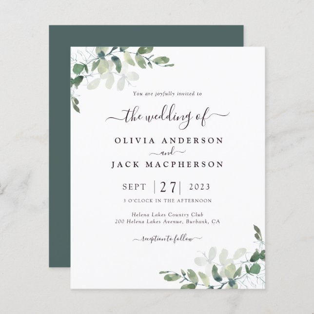 BUDGETEN Grey Rustic Wedding bjudande (Fram/baksida)