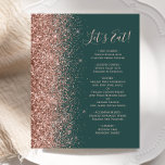 Budgeten Grönt Ro Glitter Guld Bröllop Menu<br><div class="desc">Den moderna bröllop-menyn på den lämnat kant i eleganten har en faux glitter gräns i ro i guld. I anpassadets titel och text kombineras ro rosa whimsical handskriftsskript och Copperplate typsnitt på en mörk som framträder mot gröntens bakgrund. Den omvända sidan har en matchande grönt och ro guld glitter.</div>