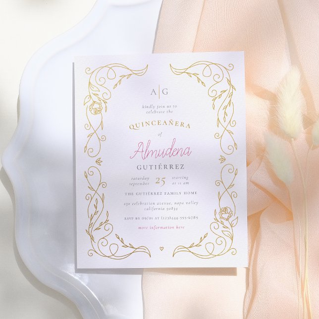 Budgeten Guld Blommigt Ram Elegant Quinceañera Pho (Skapare uppladdad)