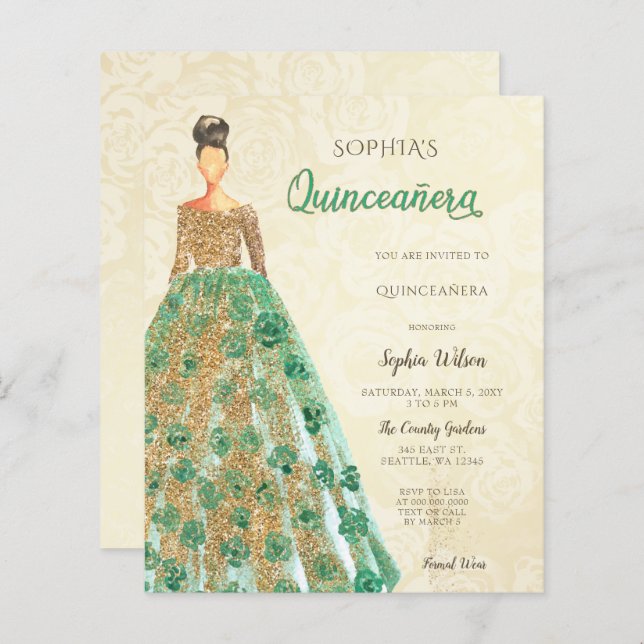 Budgeten Guld Emerald Grönt Dress Quinceanera (Fram/baksida)