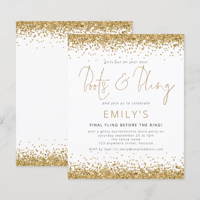 BUDGETEN Guld Glitter Bachelorette Disco Inbjudan (Fram/baksida)