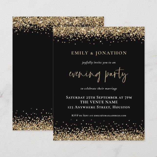 BUDGETEN Guld Glitter Bröllop KVÄLL Svarta Inbjuda (Fram/baksida)
