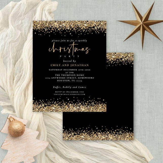 Budgeten Guld Glitter jul Party Svarta Inbjudan (Budget price smaller 4.5 x 5.6" alternative)