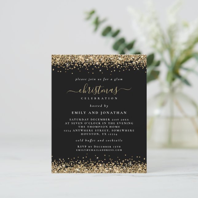 Budgeten Guld Glitter Svarte jul Party Inbjudan (Stående Fram)