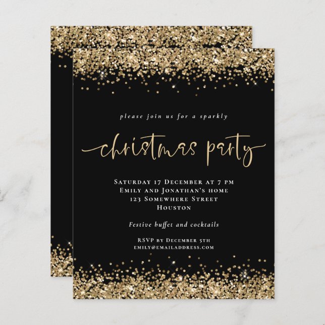 Budgeten Guld Glitter Svarte jul Party Inbjudan (Fram/baksida)