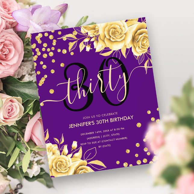 Budgeten Guld Lila Blommigt Glitter 30års födelsed Flygblad (Budget Gold Purple Floral Glitter 30th Birthday Flyer)