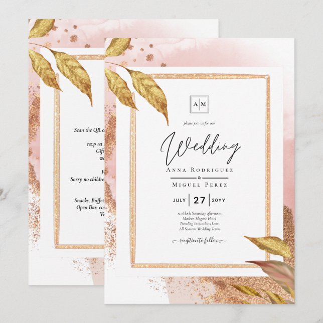 BUDGETEN Guld Lövs Bröllopsinbjudan till QR-kod fö Inbjudningar (Fram/baksida)