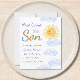 Budgeten här kommer från pojken Baby Shower Inbjud