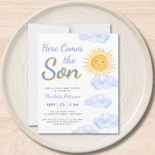 Budgeten här kommer från pojken Baby Shower Inbjud