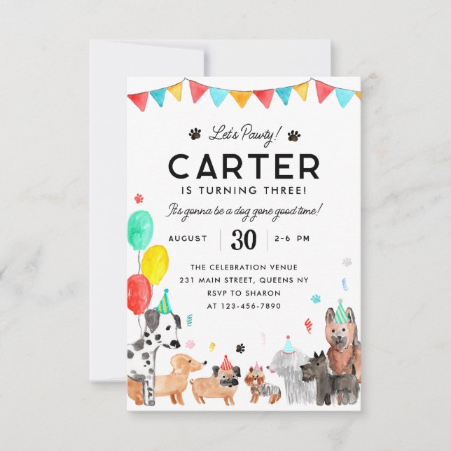 Budgeten Låt oss Pawty Party Kids Puppy Hund Birth Anteckningskort (Framsida)