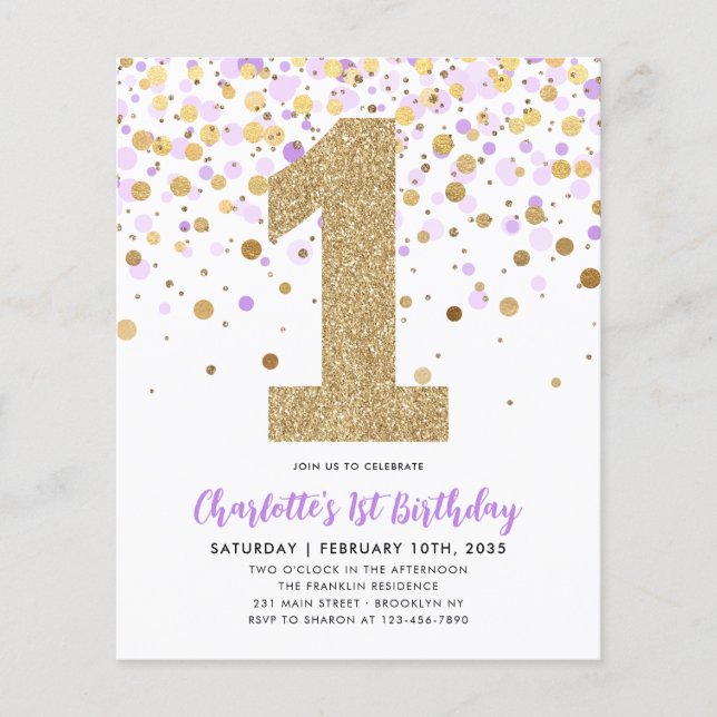 Budgeten Lila Guld Confetti Girl 1:a födelsedagen (Framsida)