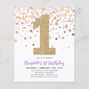 Budgeten Lila Guld Confetti Girl 1:a födelsedagen Flygblad