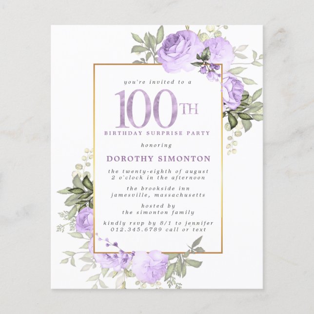 Budgeten Lila Ro 100:e födelsedag Party (Framsida)