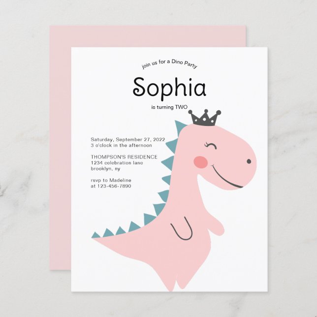 BUDGETEN Minimal Rosa Girl Dinosaur-Födelsedagsfes (Fram/baksida)