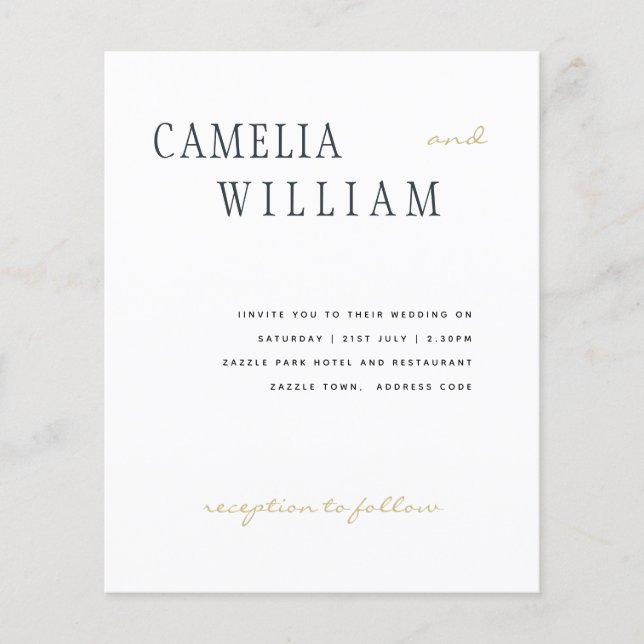 BUDGETEN Modern Bröllop Midnight Blue Guld Text Flygblad (Framsidan)