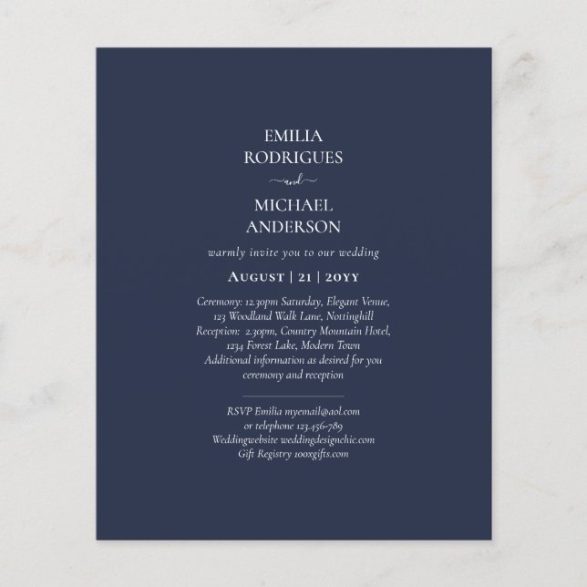 BUDGETEN Navy Blue Monochrome BRÖLLOP Flygblad (Framsidan)