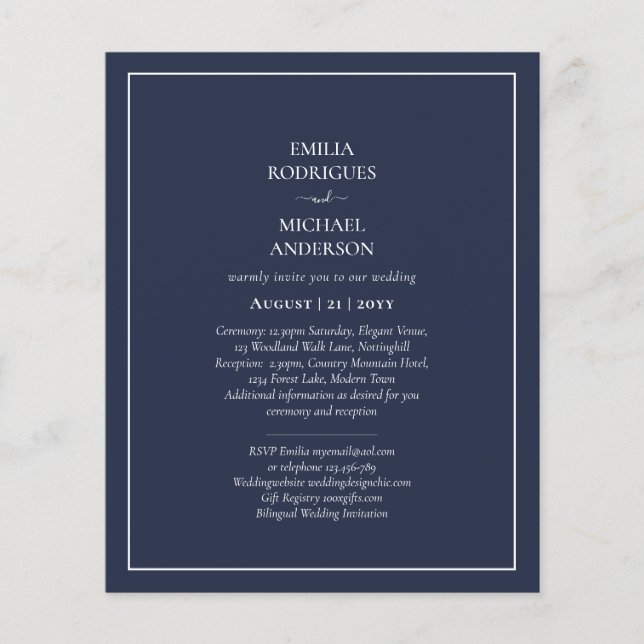 BUDGETEN Navy Blue Monochrome BRÖLLOP Flygblad (Framsidan)
