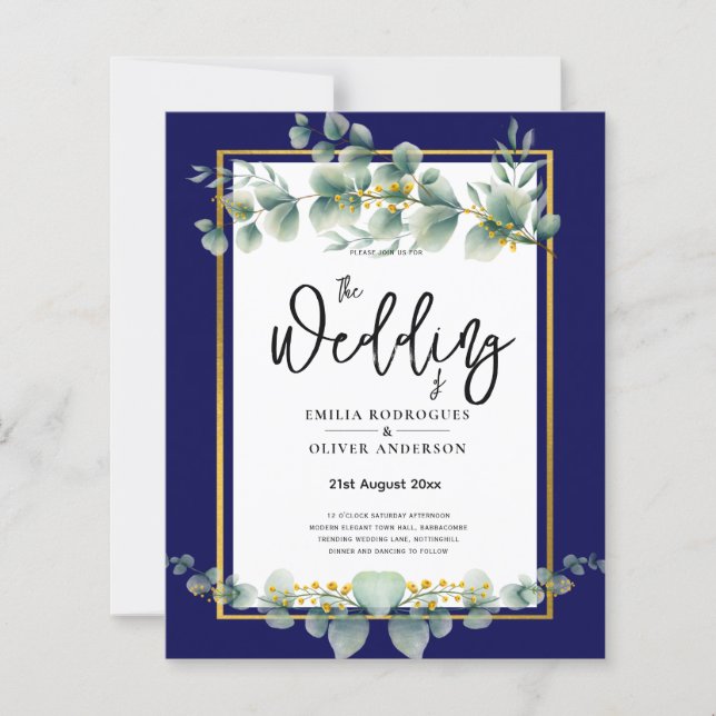 BUDGETEN NAVY GULD Eucalyptus Wedding bjudande QR  (Framsida)